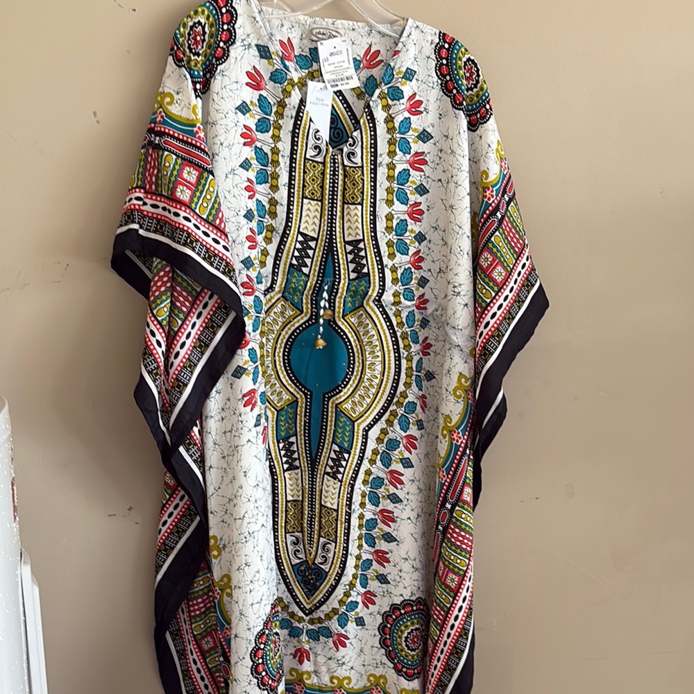 Blue and Red Resort Wear Maxi Dress with Dolman Sleeves